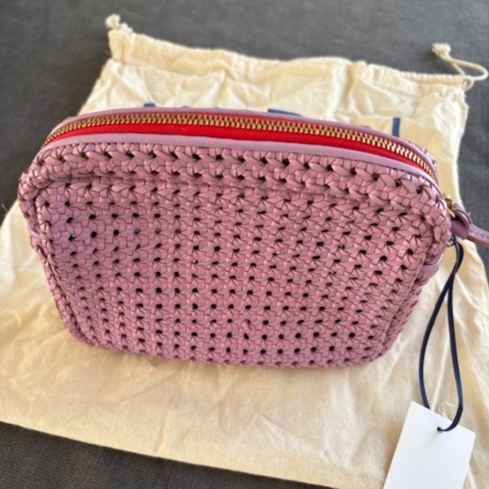 Clare V Pink Woven Mini Pouch with Red Zip